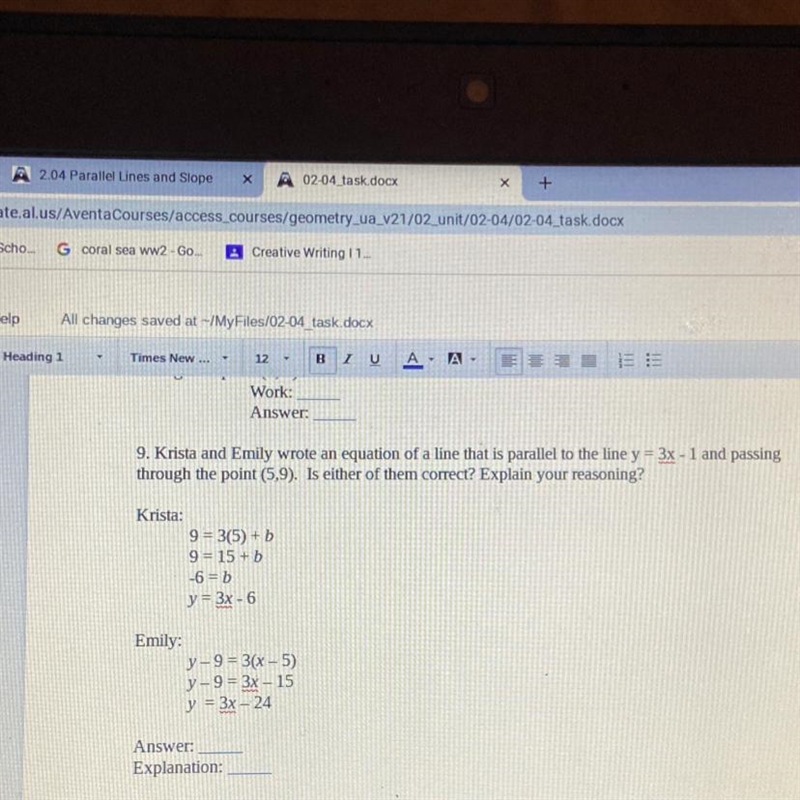 9. Krista and Emily wrote an equation of a line that is parallel to the line y = 3x-example-1