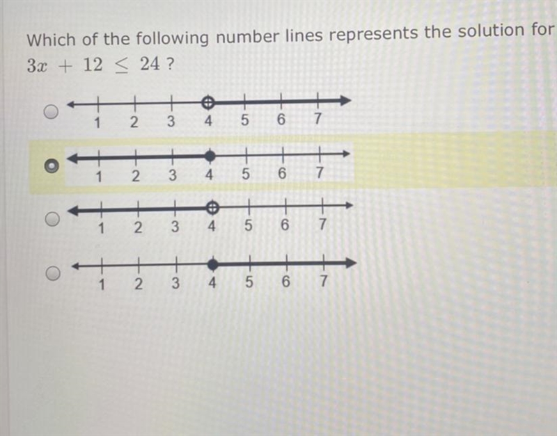 Which of the following number lines represents the solution for 3x + 12 ≤ 24 ? *TEST-example-1