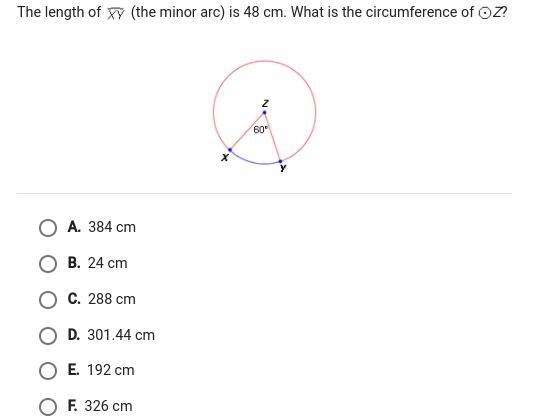 The length of arcXY is 48cm. What is the circumference of circle Z?-example-1