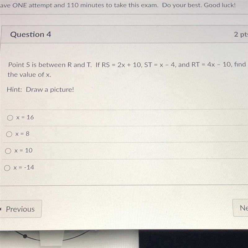 Point S is between R and T. If RS = 2x + 10, ST = x - 4, and RT = 4x - 10, find the-example-1