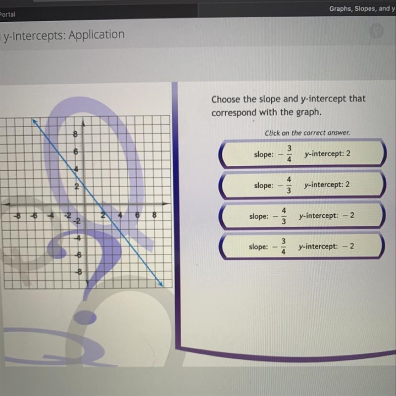 HELP! Choose the slope and y-intercept that correspond with the graph.-example-1