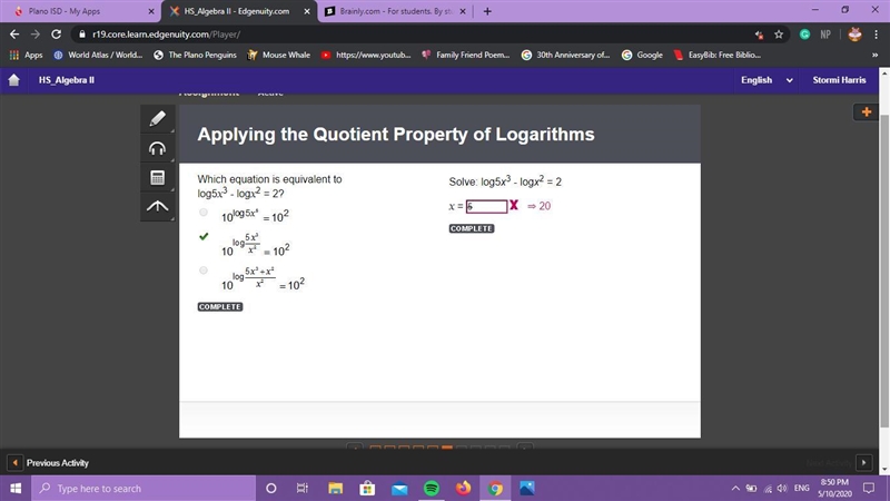 Solve: log5x^3 - logx^2 = 2 x = 20-example-1