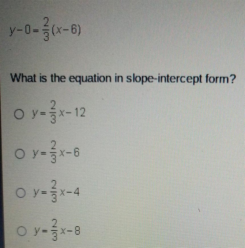 The point-slope form of a line that has a slope of 3 and passes through point (6, 0) is-example-1