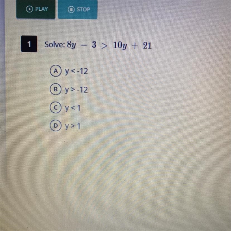 Solve: 8y - 3 > 10y + 21-example-1