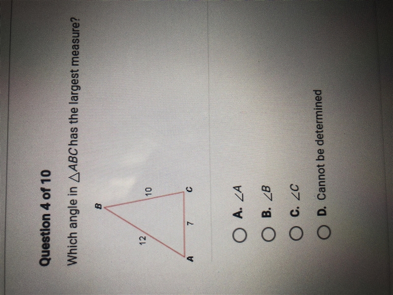 Which angle in ABC has the largest measure?-example-1