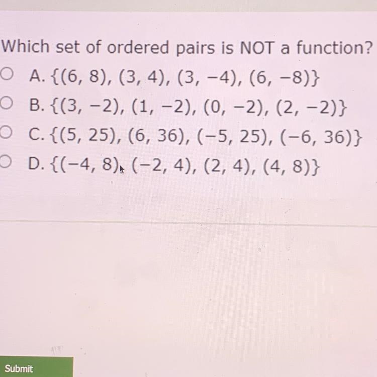 Plz help Which set of ordered pairs is NOT a function?-example-1