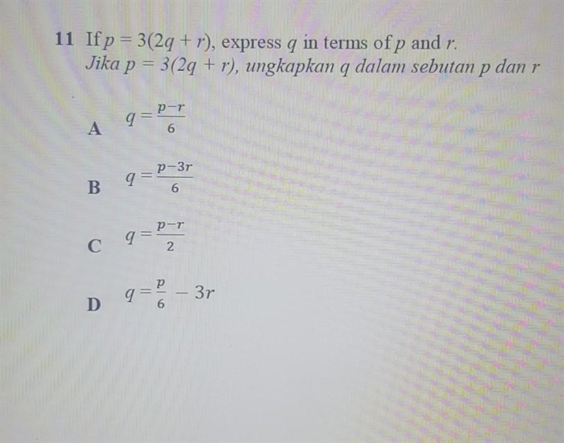 If p=3(2q+r), express q in terms of p and r.​-example-1