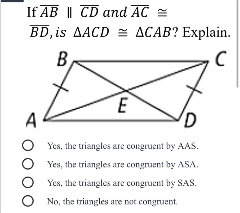 If AB || CD and AC = BD, is ACD = CAB?-example-1