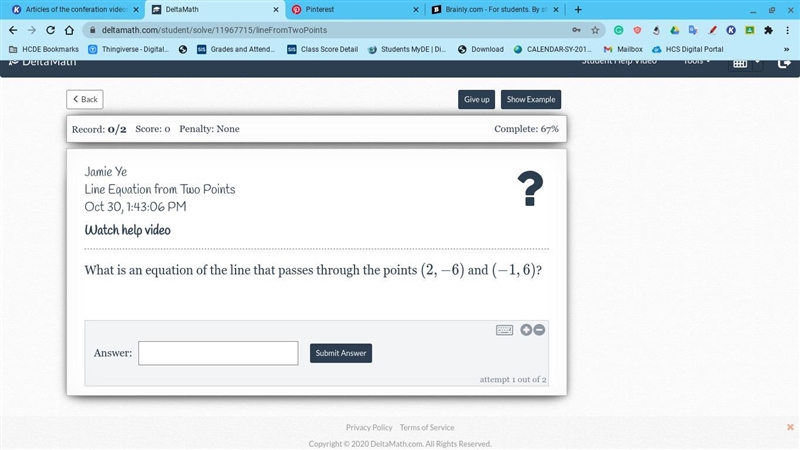 How to write a line equation from two points. The question is included in the image-example-1