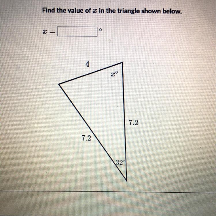 Find the value of x in the triangle shown below.-example-1