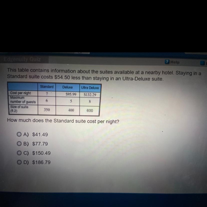 How much does the Standard suite cost per night? A) $41.49 B) $77.79 C) $150.49 D-example-1