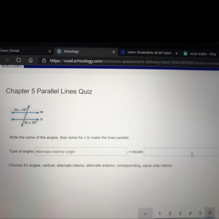 Write the name of the angles, then solve for x to make the lines parallel PLEASE HELP-example-1