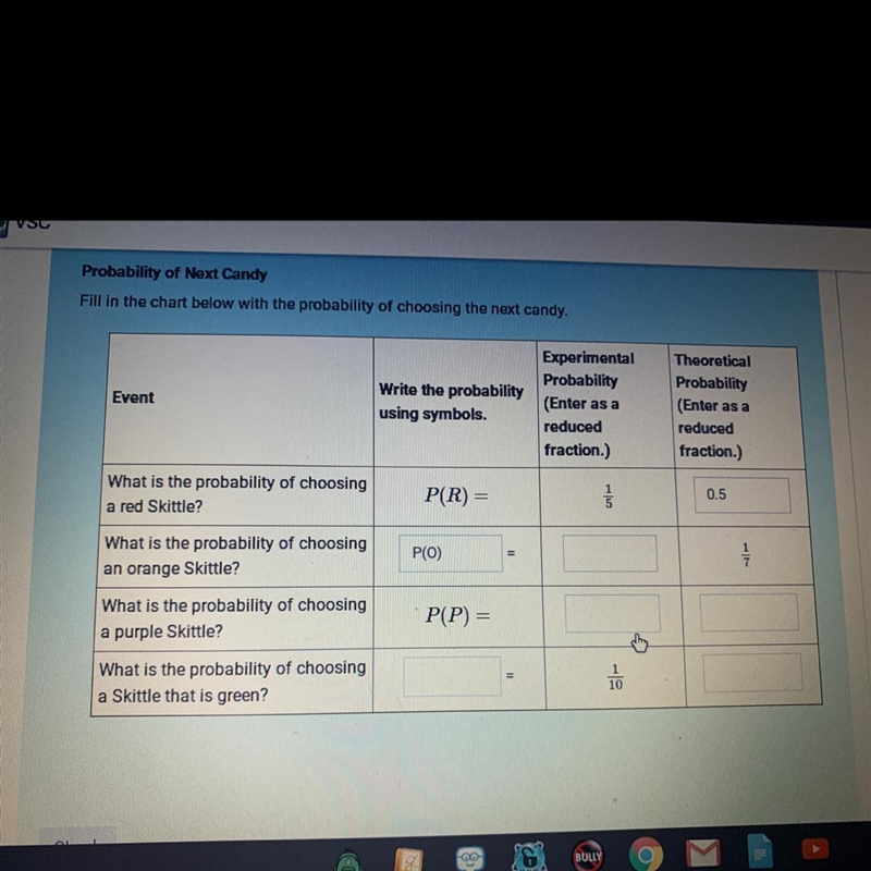 Probability of Next Candy Fill in the chart below with the probability of choosing-example-1