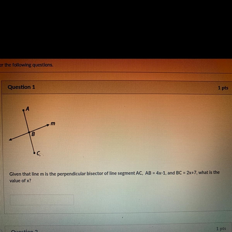 A m B . Given that line m is the perpendicular bisector of line segment AC, AB = 4x-example-1