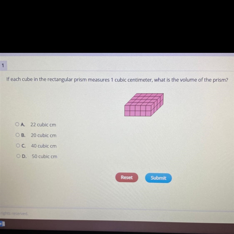 If each cube in the rectangular prism measures 1 cubic centimeter, what is the volume-example-1