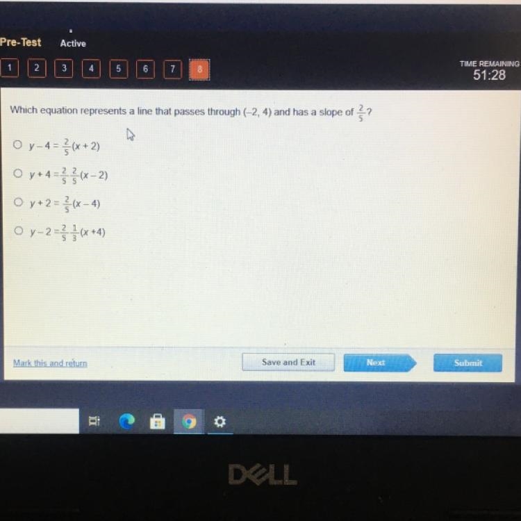 Hich equation represents a line that passes through (-2, 4) and has a slope of ? y-example-1