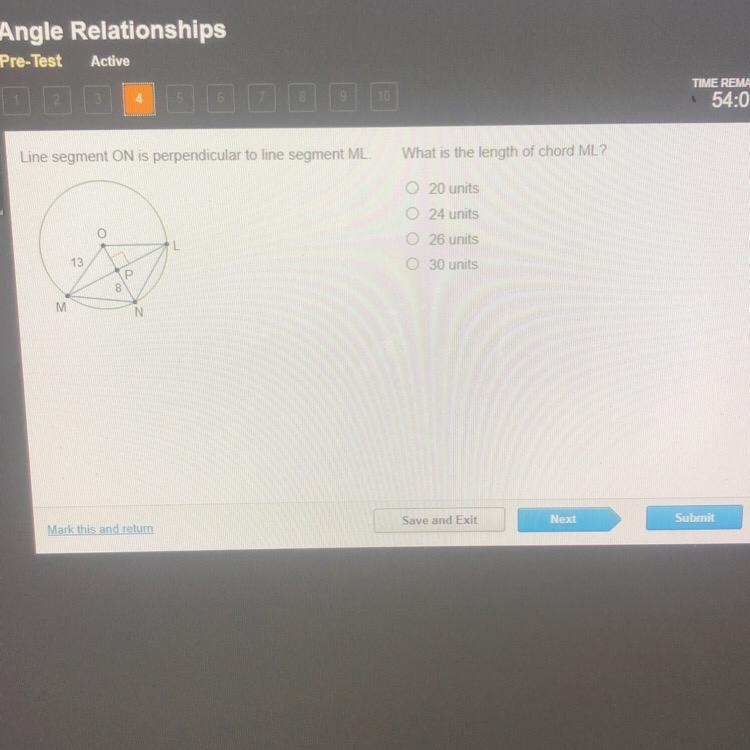 Line segment ON is perpendicular to line segment ML. What is the length of chord ML-example-1