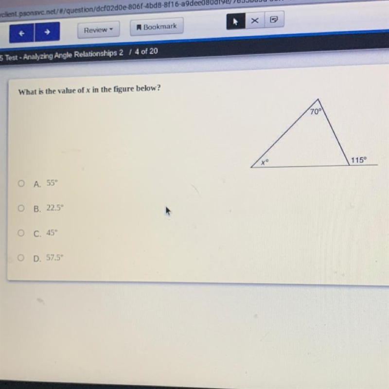 What is the value of x in the figure below? A. 55° B. 22.5° C. 45° D. 57.5° PLEASE-example-1