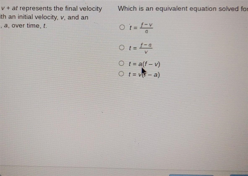 The equation f = v + at represent the final velocity of an object f with an initial-example-1