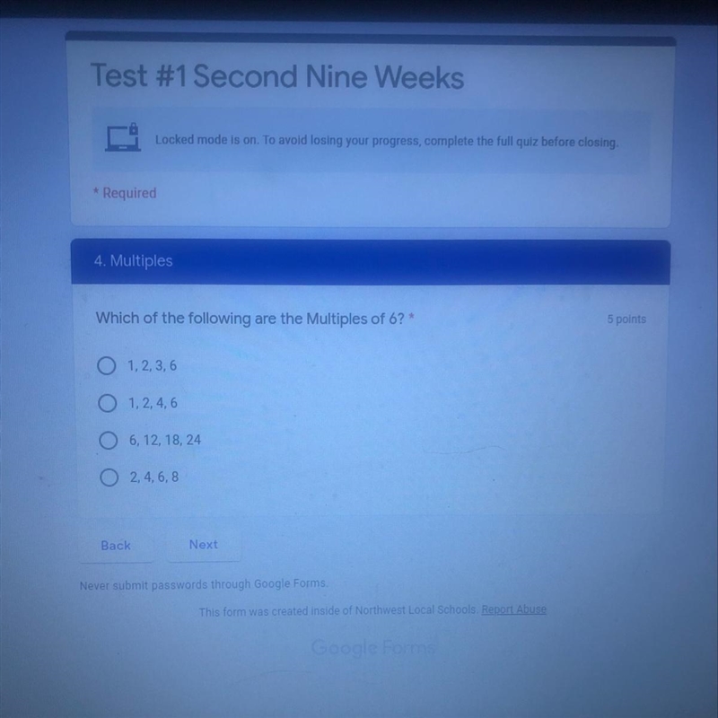 Which of the following are the Multiples of 6? * O 1,2,3,6 O 1,2,4,6 O 6, 12, 18, 24 0 2,4,6,8-example-1