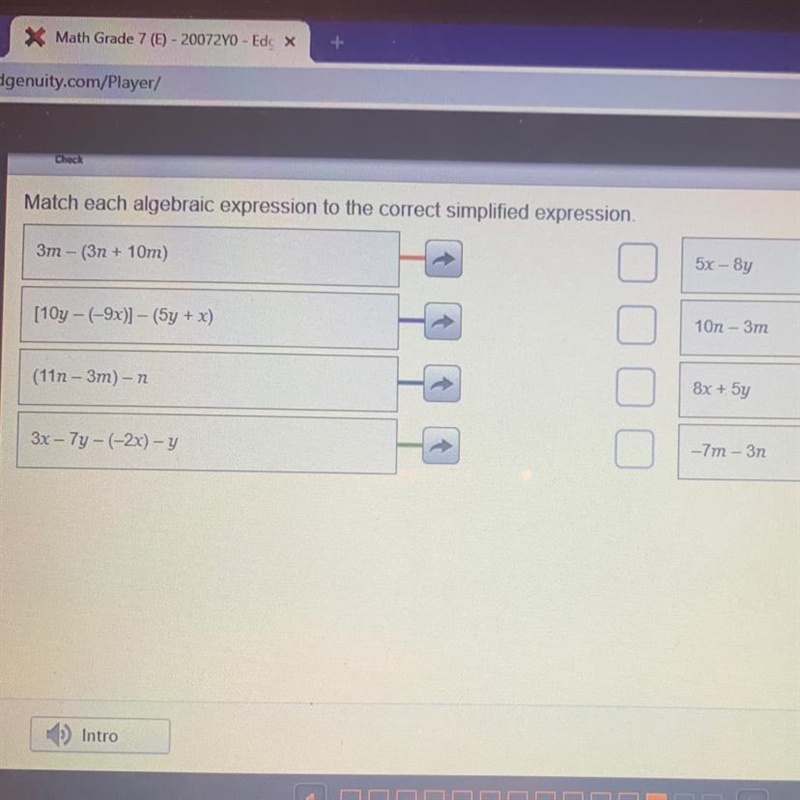 Match each algebraic expression to the correct simplified expression 5x - Sy 3m - (3n-example-1