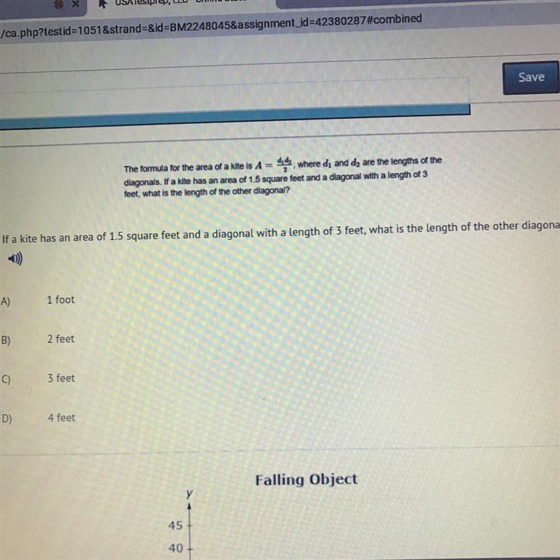 If a kite has an area of 1.5 square feet and a diaqonal with a length of 3 feet, what-example-1