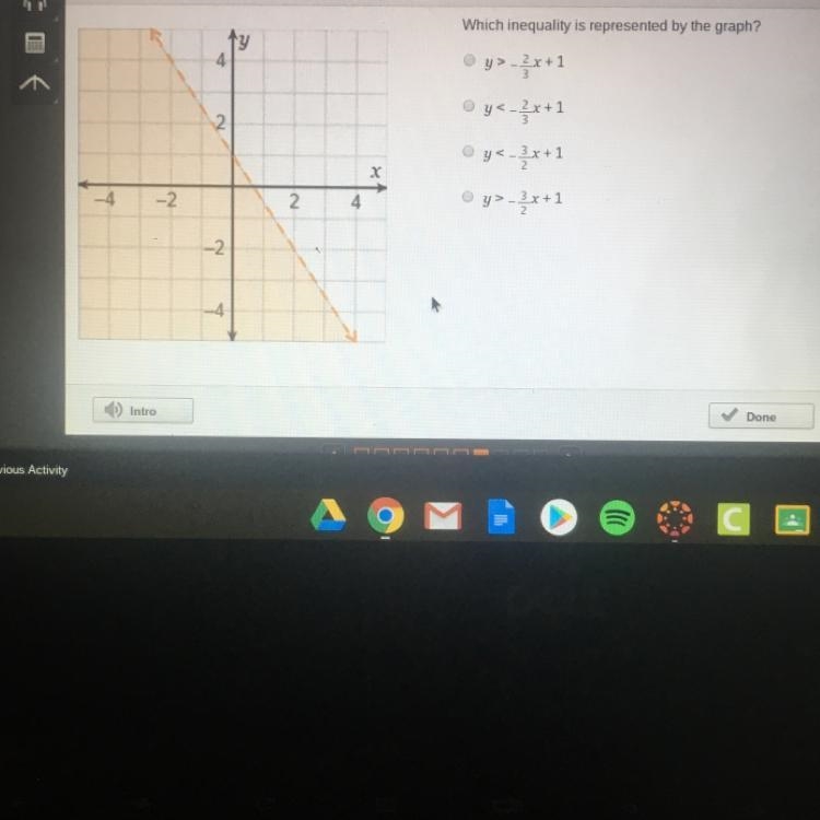 Which inequality is represented by the graph y>-2/3x+1 y<-2/3x+1 y<-3/2x-example-1