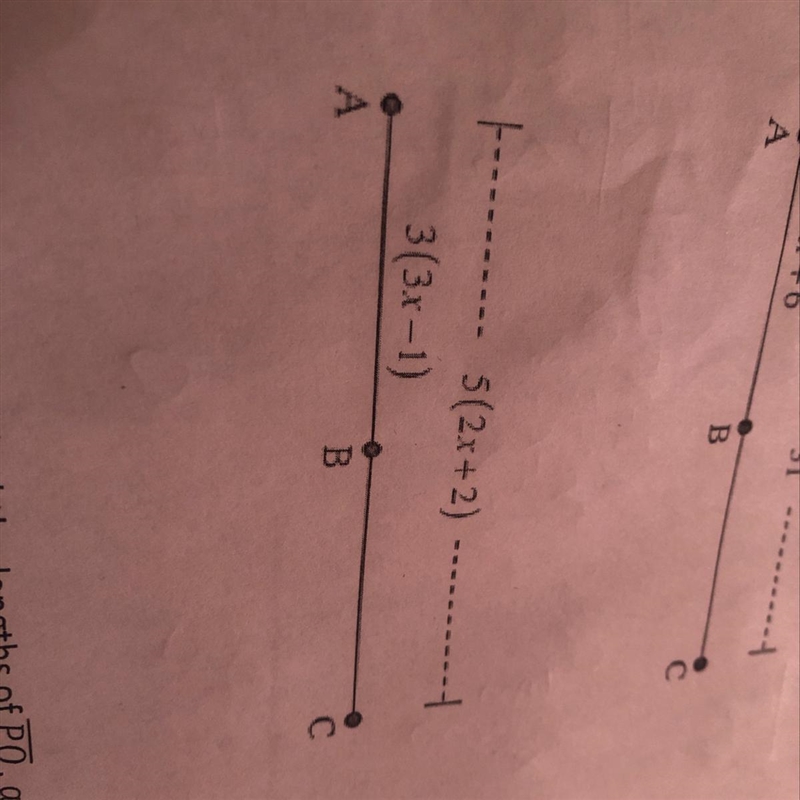 If B is the midpoint of AC, solve for x, and find the lengths of AB, BC, and AC. Please-example-1