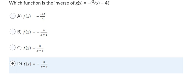 Which function is the inverse of g(x) = –(3∕x) – 4?-example-1