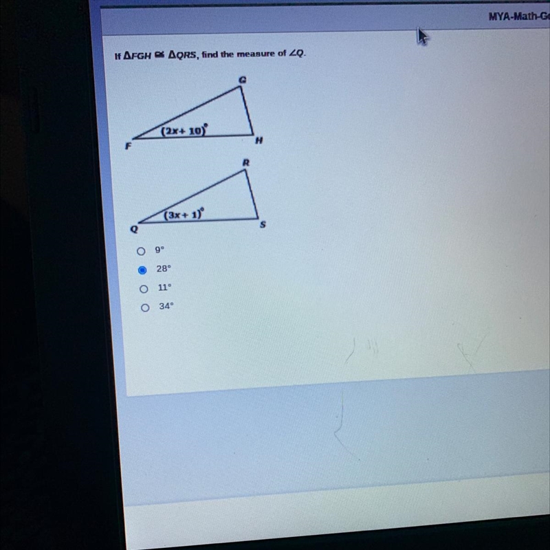 If FGH QRS, find the measure of Q A. 9 B.28 C.11 D.34-example-1