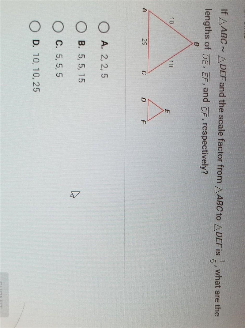 If ABC ~ DEF and the scale factor from ABC to DEF is 1/5, what are the lengths of-example-1