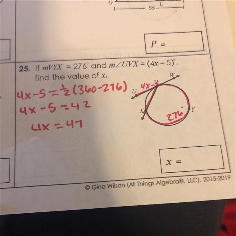 25. If mVYX = 276° and m angle UVX = (4x - 5), find the value of x. Can someone help-example-1