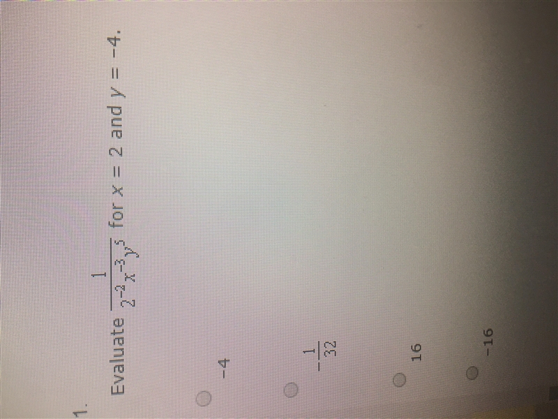 Evaluate 1/2^-2x^-3y^5 for x=2 and y=-4-example-1