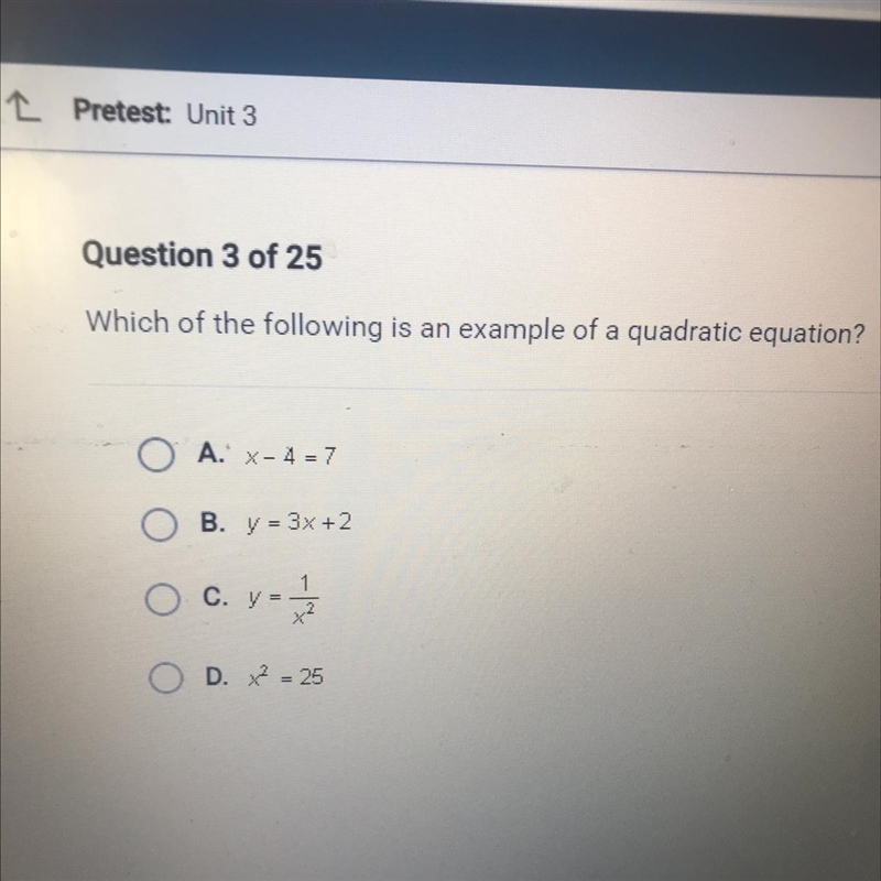 Which of the following is an example of a quadratic equation?-example-1