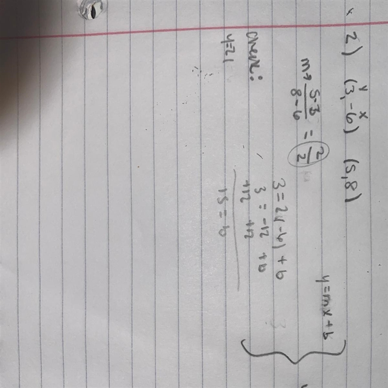 Equation of a line, use the slope intercept formula for points (3,-6) and (5,8) including-example-1