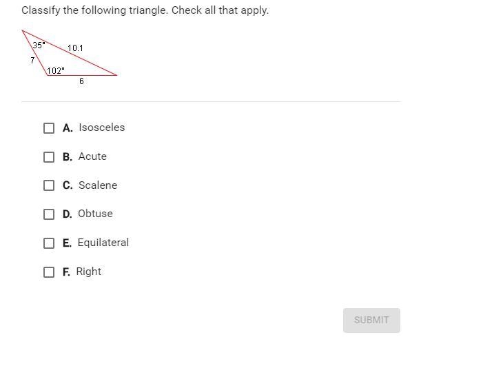 Classify the following triangle. Check all that apply.-example-1