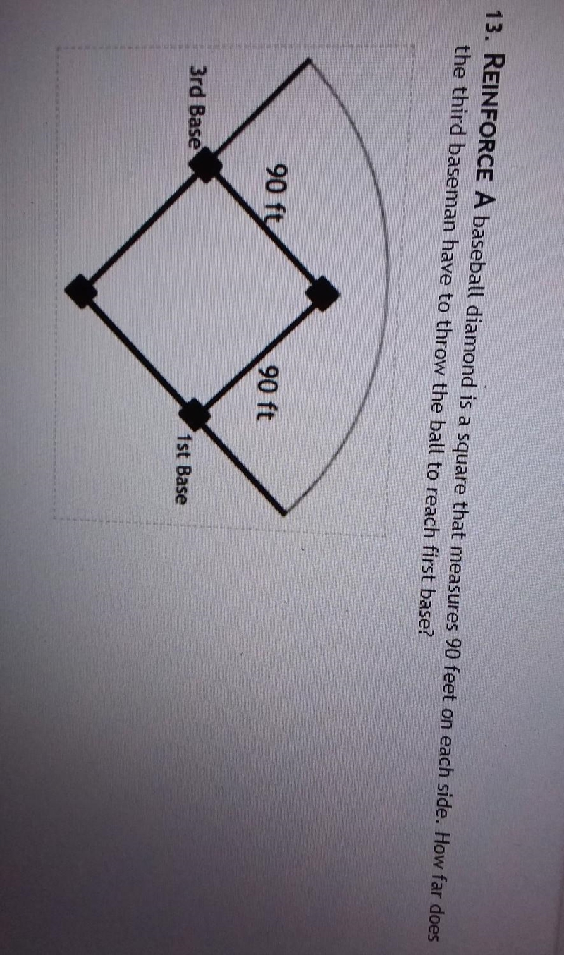 A baseball diamond is a square that measures 90 feet on each side. How far does the-example-1