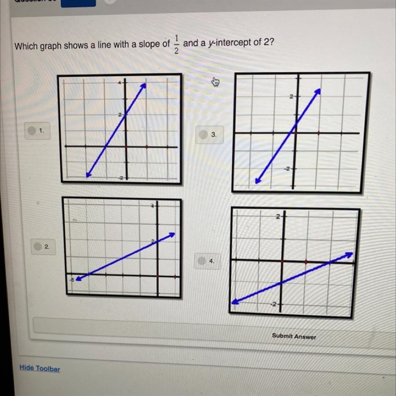 Which graph shows a line with a slope of 1/2 and a y-intercept of 2?-example-1