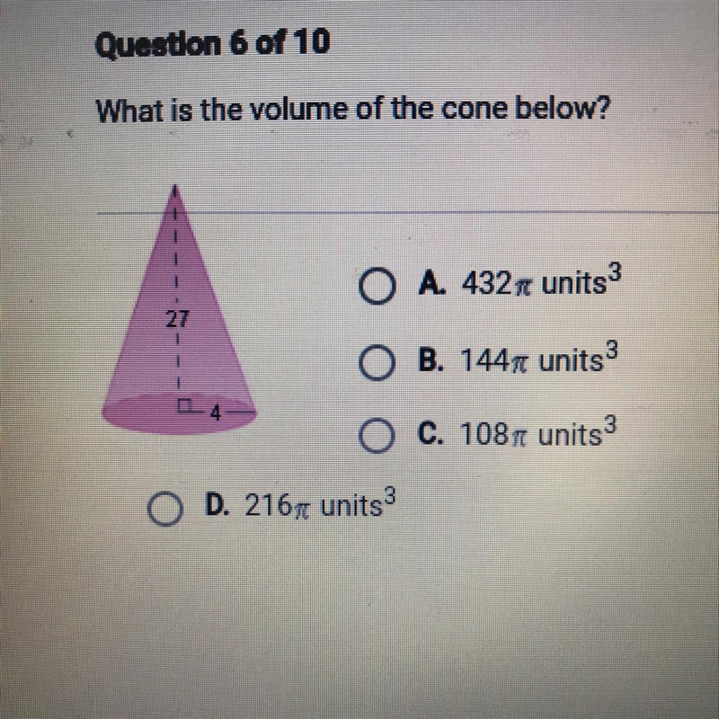 What is the volume of the cone below? A. 432 units 3 B. 1447 units 3 C. 1087 units-example-1