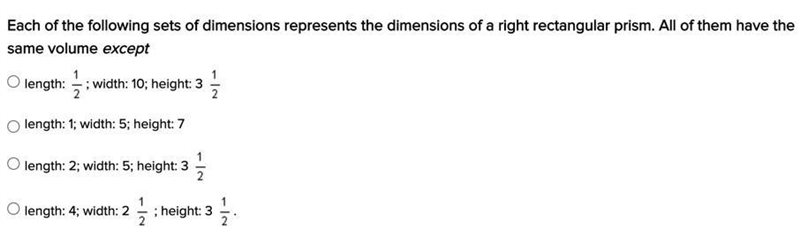 Each of the following sets of dimensions represents the dimensions of a right rectangular-example-1