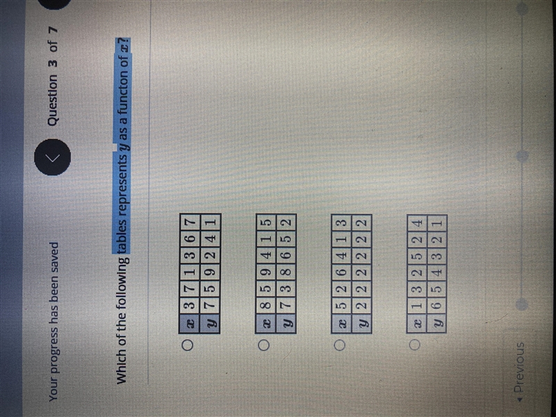 How do I find a table that represents Y as a function of X-example-1