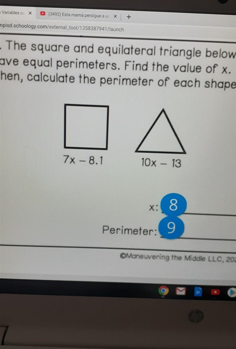 8. The square and equilateral triangle below have equal perimeters. Find the value-example-1