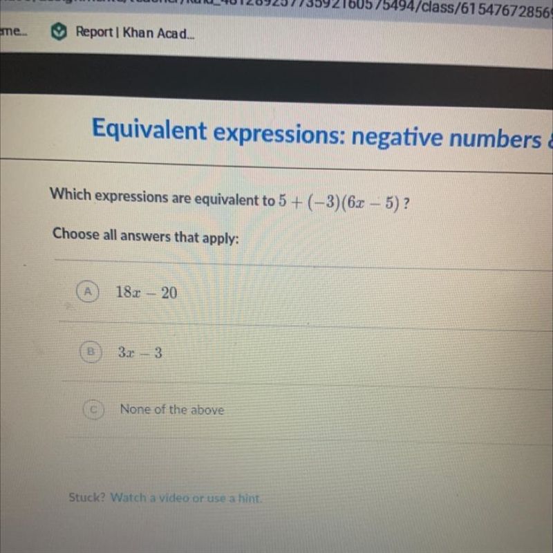 Which expression is equivalent to 5 +(-3)(6x-5)-example-1