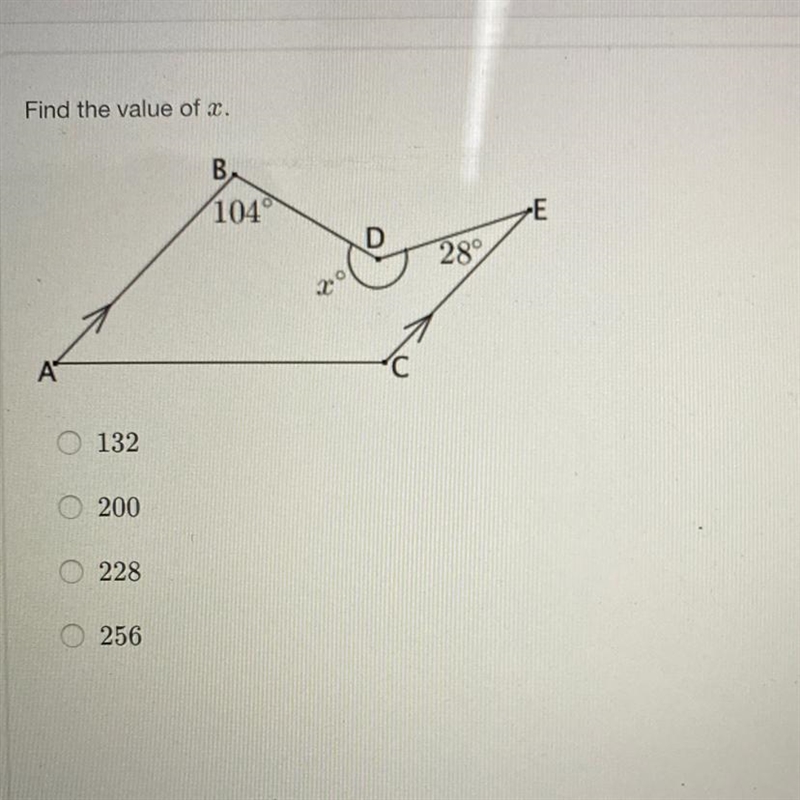 Find the value of x. A. 132 B. 200 C. 228 D. 256-example-1