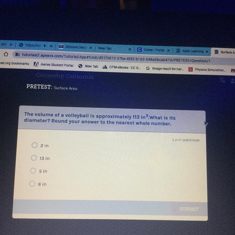 The volume of a volleyball is approximately 113 in3-example-1