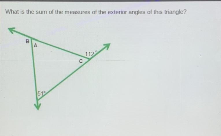 What is the sum of the measures of the exterior angles of this triangle?-example-1