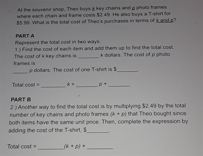 At the souvenir shop. Theo buys k key chains and p photo frames where each chain and-example-1