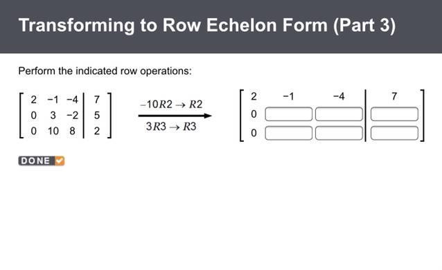 Perform the indicated row operations: -10r2 r2 3r3 [2 -1 -4|7] [0 3 -2|5] [0 10 8|2]-example-1