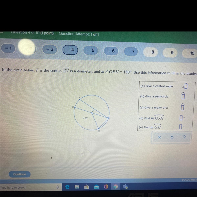 In the circle below, F is the center, GI is a diameter, and m-example-1