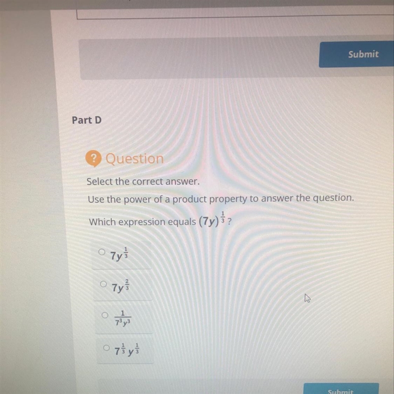 Select the correct answer. Use the power of a product property to answer the question-example-1